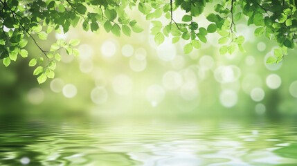 Abstract blurred background of nature with green trees and water reflection.