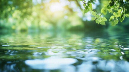Abstract blurred background of nature with green trees and water reflection.