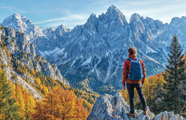 Naklejka premium Hiker standing on rocky cliff overlooking snow mountains and colorful autumn forest under blue sky