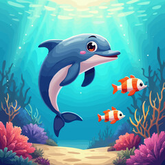 Obraz premium Vector drawing of cartoon dolphin and tropical fish under water at coral reef. Underwater world of ocean. Algae, corals and sea anemones on seabed. Illustration for children notepad.