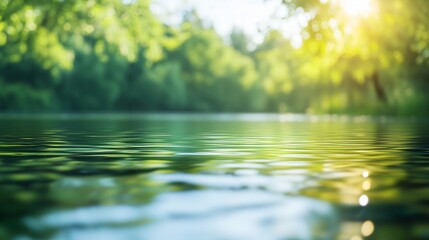 Abstract blurred background of nature with green trees and water reflection.