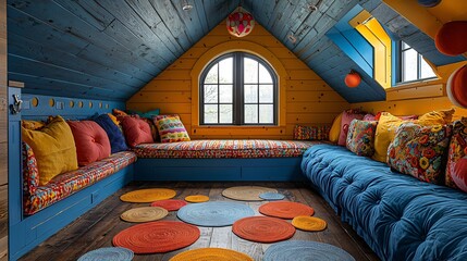 Cozy and Bright Attic Lounge with Colorful Cushions and Retro Decor Ideal for Relaxation and Creativity