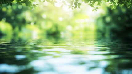 Abstract blurred background of nature with green trees and water reflection.
