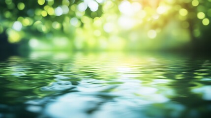Abstract blurred background of nature with green trees and water reflection.