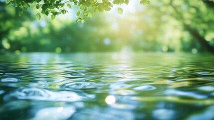 Abstract blurred background of nature with green trees and water reflection.
