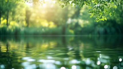 Abstract blurred background of nature with green trees and water reflection.