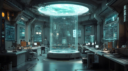 Futuristic laboratory with a large water tank, high-tech equipment, and glowing screens