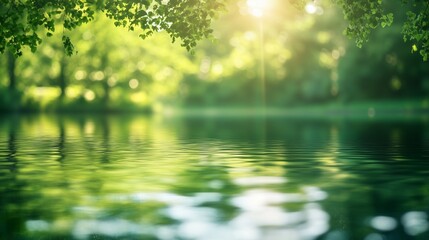 Abstract blurred background of nature with green trees and water reflection.