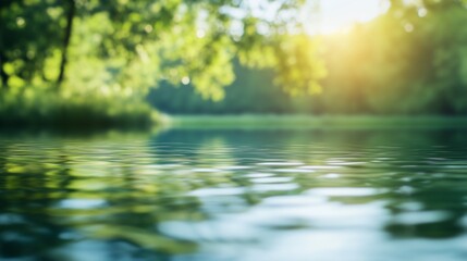 Abstract blurred background of nature with green trees and water reflection.
