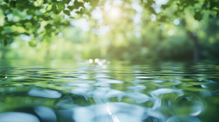 Abstract blurred background of nature with green trees and water reflection.