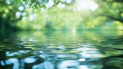 Abstract blurred background of nature with green trees and water reflection.