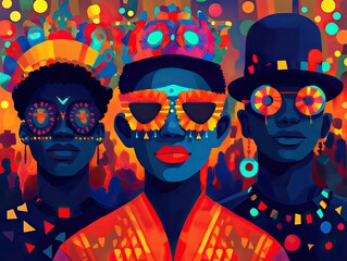 People celebrating a vibrant festival with colorful costumes and accessories. Ai generated