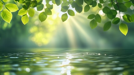 Abstract blurred background of nature with green trees and water reflection.