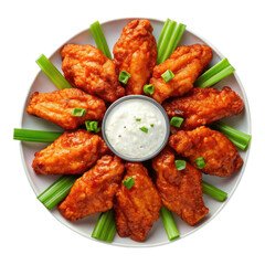 Fototapeta premium Delicious buffalo chicken wings arranged on plate with celery and dip