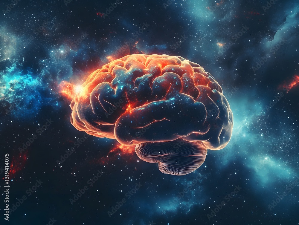Aufkleber Glowing Brain in Cosmic Space with Colorful Nebula Background