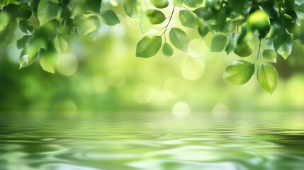 Abstract blurred background of nature with green trees and water reflection.