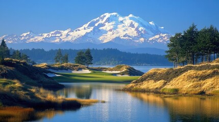 Obraz premium Breathtaking View of the Snow-Capped Olympic Mountains Overlooking Chambers Bay in Tacoma, Washington