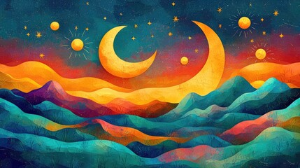 Colorful vibrant surreal landscape painting depicting two moons, stars, and rolling hills. Ai generated