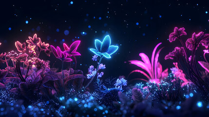 A Pixel Art Garden of Glowing Pink Purple and Blue Neon Flowers on a Dark Background in a Magical Dreamlike Fantasy Landscape with Sparkling Lights