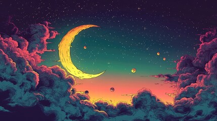 Crescent moon shining over colorful clouds and planets in a starry sky. Ai generated