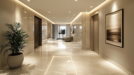 Modern Elegant Hallway with Sleek Design and Soft Lighting in Contemporary Interior Space
