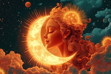 Cosmic woman embracing crescent moon and sun: surreal colorful illustration. Ai generated