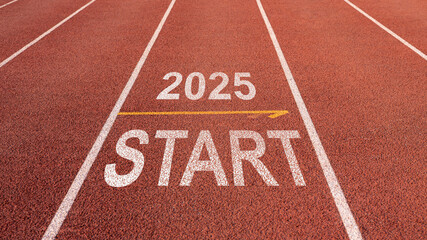 New year resolution 2025 concept, Word start 2025 written on athletics track preparing for new year for challenge and change, Planning and the goal to success, Beginning of new season.