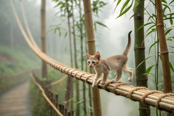 Playful kitten balancing on a bamboo path serene forest animal photography tranquil environment close-up perspective adventure concept
