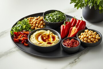 Fresh Mediterranean Platter with Hummus, Vegetables and Chickpeas