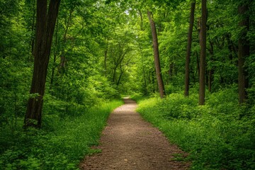 Obraz premium Lush Green Pathway Through Verdant Forest in Northwest Indiana: Embracing Fresh Flora and Foliage