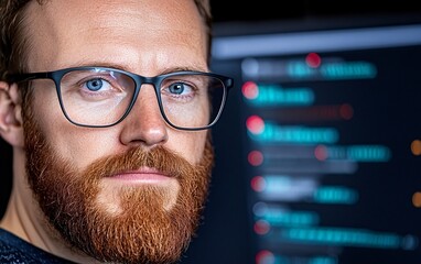 focused programmer analyzing code with intense concentration