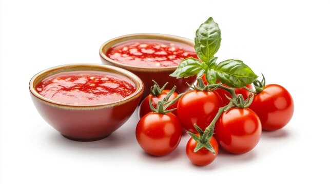 A vibrant display of delicious homemade tomato sauce served in two bowls, accompanied by fresh cherry tomatoes and fragrant basil. Perfect for enhancing meals and adding flavor