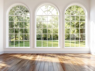 Bright and Airy Room with Large Arched Windows Overlooking Lush Green Garden and Wooden Floor in Contemporary Design Aesthetic