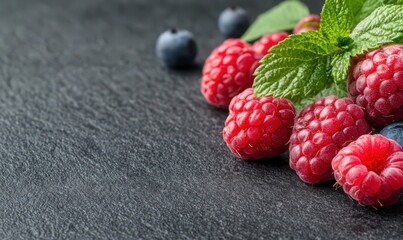 Fresh Raspberries Blueberries and Mint on Dark Slate