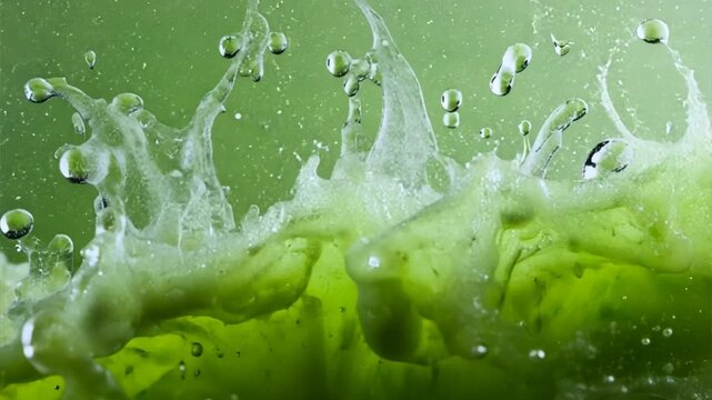 Refreshing Green Splash: A dynamic display of a green liquid exploding upwards, creating a vibrant splash with scattered droplets and an impression of freshness and invigorating sensation.