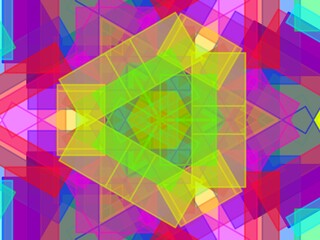 Symmetrical geometric design featuring intersecting rectangles and squares. Dominant colors include green, blue, purple, and red, creating a vibrant, kaleidoscope effect