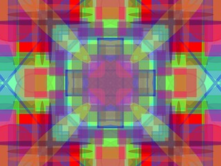 Colorful abstract kaleidoscope pattern featuring overlapping geometric shapes. Central focus with a purple square surrounded by layers of translucent rectangles in blue, green, and red. 