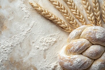 Delicious Braided Bakery Loaf Dusting Flour. Top View with Room for Custom Text