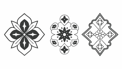 Ornamental Patterns: A set of three symmetrical, intricately designed ornamental patterns in a minimalist style, showcasing elegant shapes and delicate lines. 