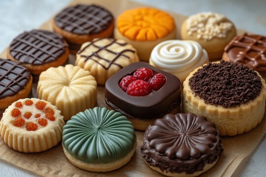 Assorted fancy pastries: a colorful collection of miniature cakes and cookies perfect for celebrations or an afternoon treat