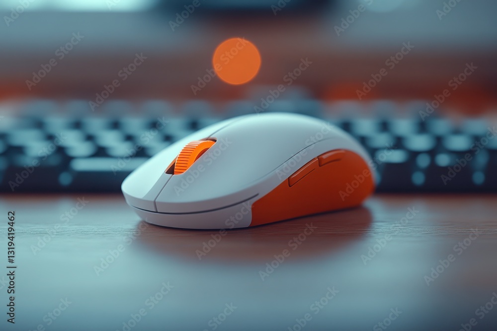 Poster ergonomic computer mouse with scroll wheel on a desk the mouse is white with orange accents and a ke