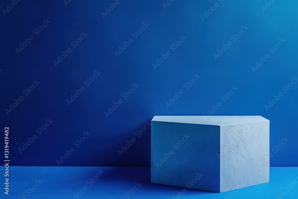 Poster blue background with cubic platform display, ideal for showcasing a product or minimalistic art