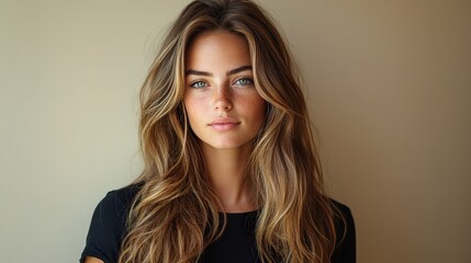 A woman with long brown hair and a tan complexion