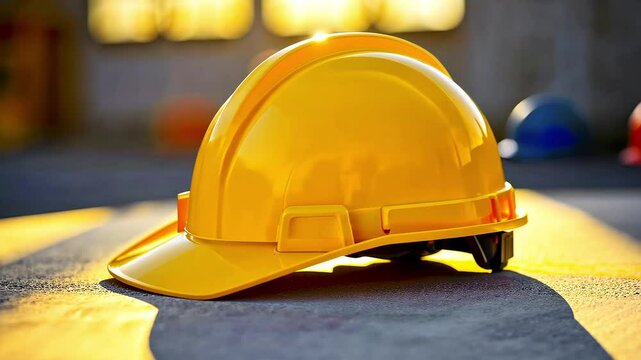Yellow hard hat on table at construction site in sunlight, construction and business industry concept, banner or background, design with copy space