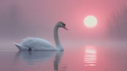 Majestic swan glides on a tranquil lake at sunrise