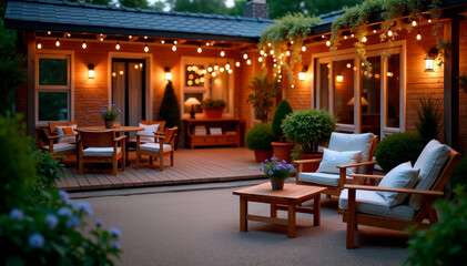 Fototapeta premium Cozy Night Patio with String Lights and Warm Furniture