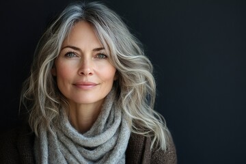 A woman with gray hair and a scarf around her neck is smiling