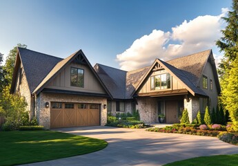 Fototapeta premium Charming Modern House with Stone and Wood Elements Surrounded by Lush Greenery in Bright Sunshine Under Blue Sky