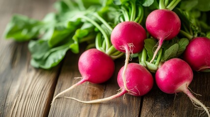 Freshly harvested red radishes with green leaves on rustic wooden table, showcasing crisp texture and vibrant color in a farm-to-table organic vegetable concept for healthy eating and seasonal produce