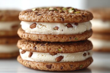 Stacked cookie ice cream sandwiches with nut garnish A delightful dessert treat!